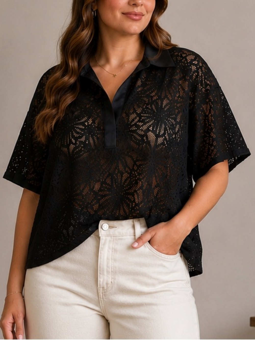 Worthington Blouse XL Black Sheer Lace Collared Short Sleeve Top